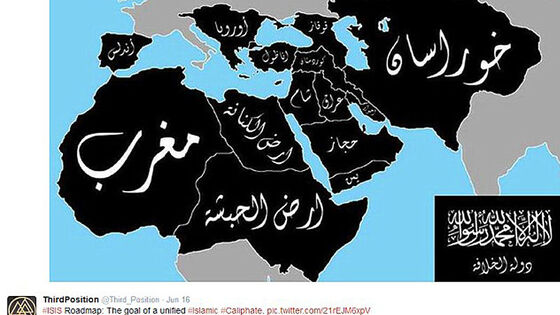 Mapa znázorňující území, která mají islamisté z IS v plánu dobýt a spojit do jednotného islámského chalífátu (zdroj: TWITTER.COM)
