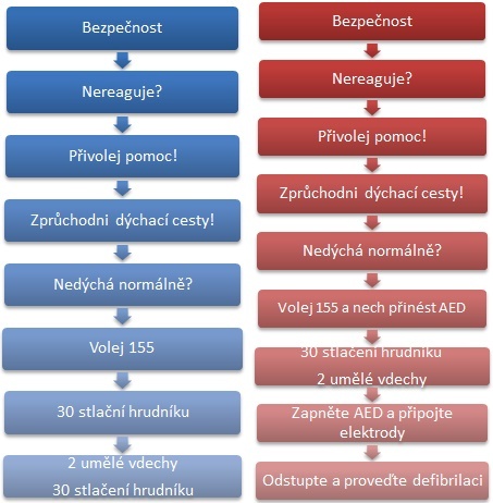 Algoritmus základní neodkladné resuscitace u dospělých bez a s použitím AED